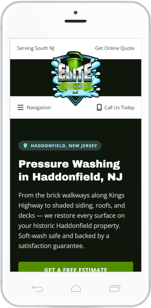 Mobile location page for Elite Bin Cleaning showing Haddonfield, New Jersey service area with pressure washing details and call-to-action button.