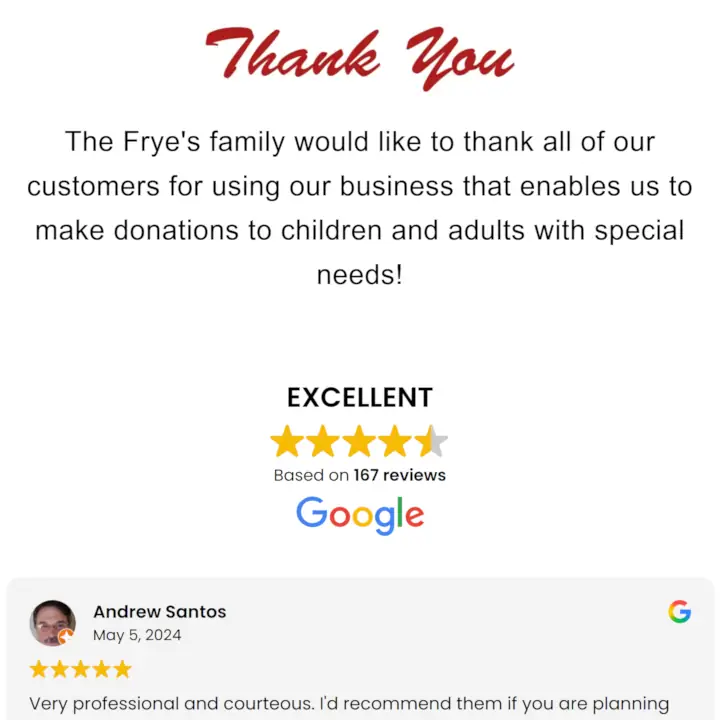 Frye's Community Mission thank you message with Google Reviews showing excellent 5-star rating from 167 reviews.
