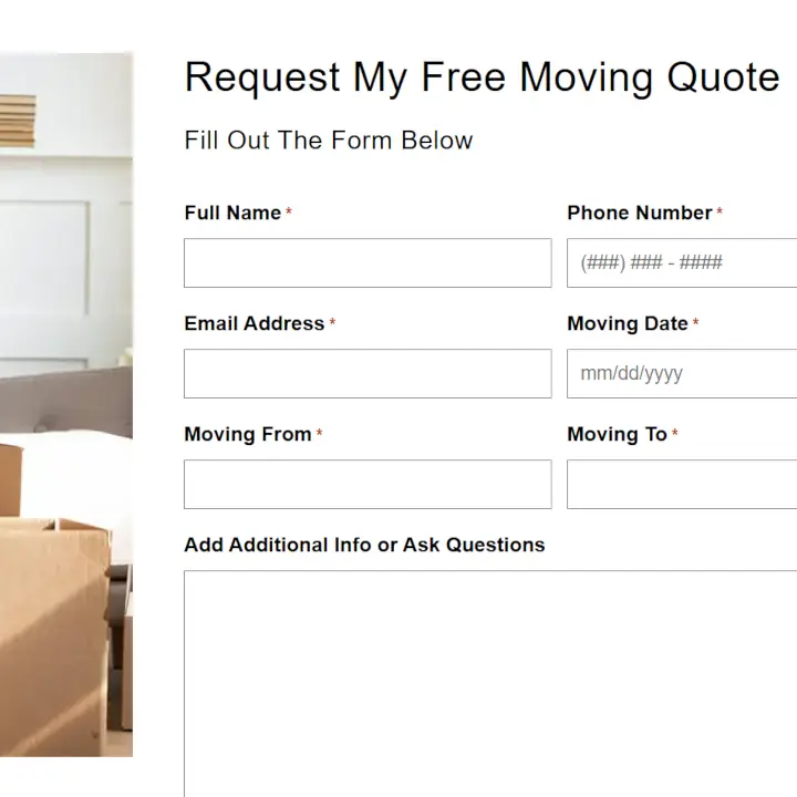 Fryes Moving Co quote request form with fields for name, phone, email, moving date, origin, and destination.