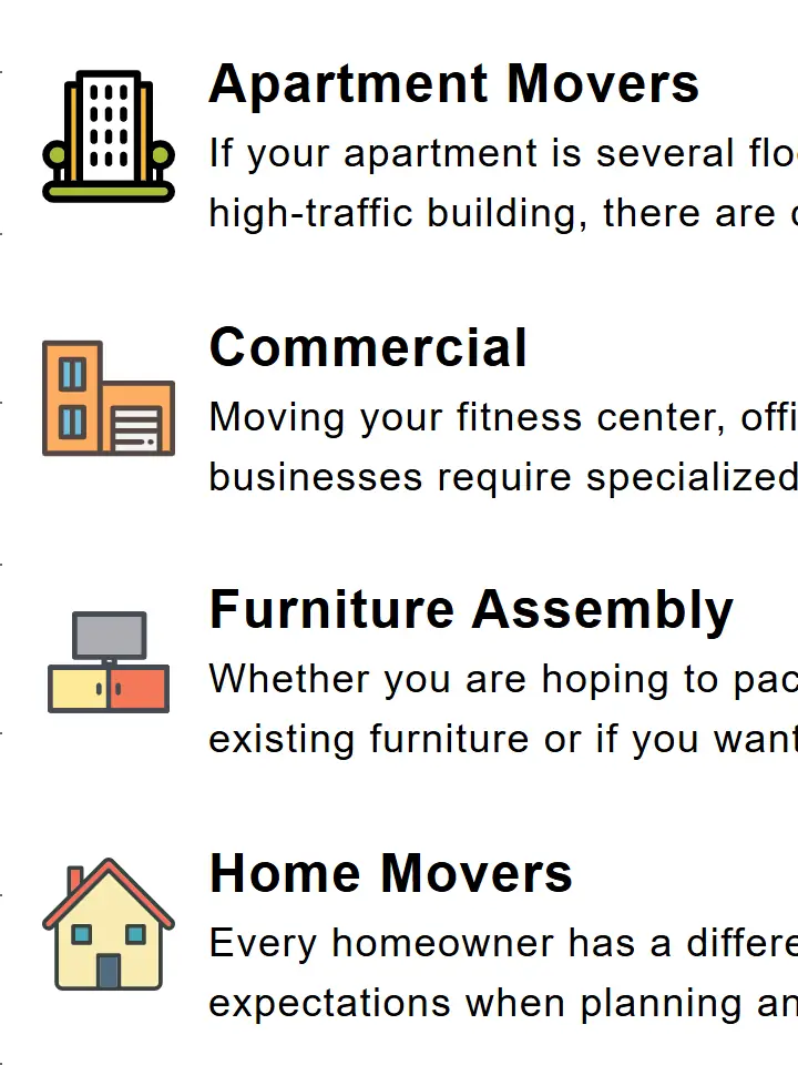 Fryes Moving Co services navigation menu listing Apartment Movers, Commercial, Furniture Assembly, and Home Movers with icons.