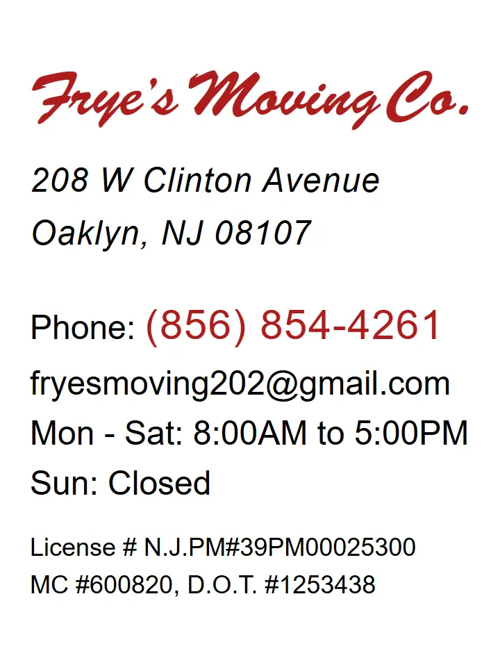 Frye's Moving Co footer displaying address, phone number, email, business hours, and licensing information