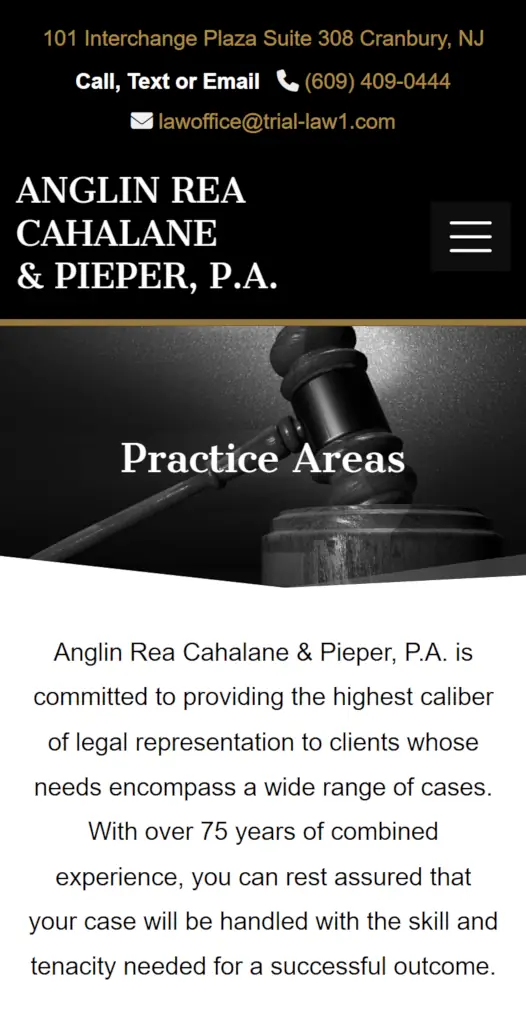 Law firm website header displaying Anglin Rea Cahalane & Pieper contact info, practice areas section with gavel image, and firm description.