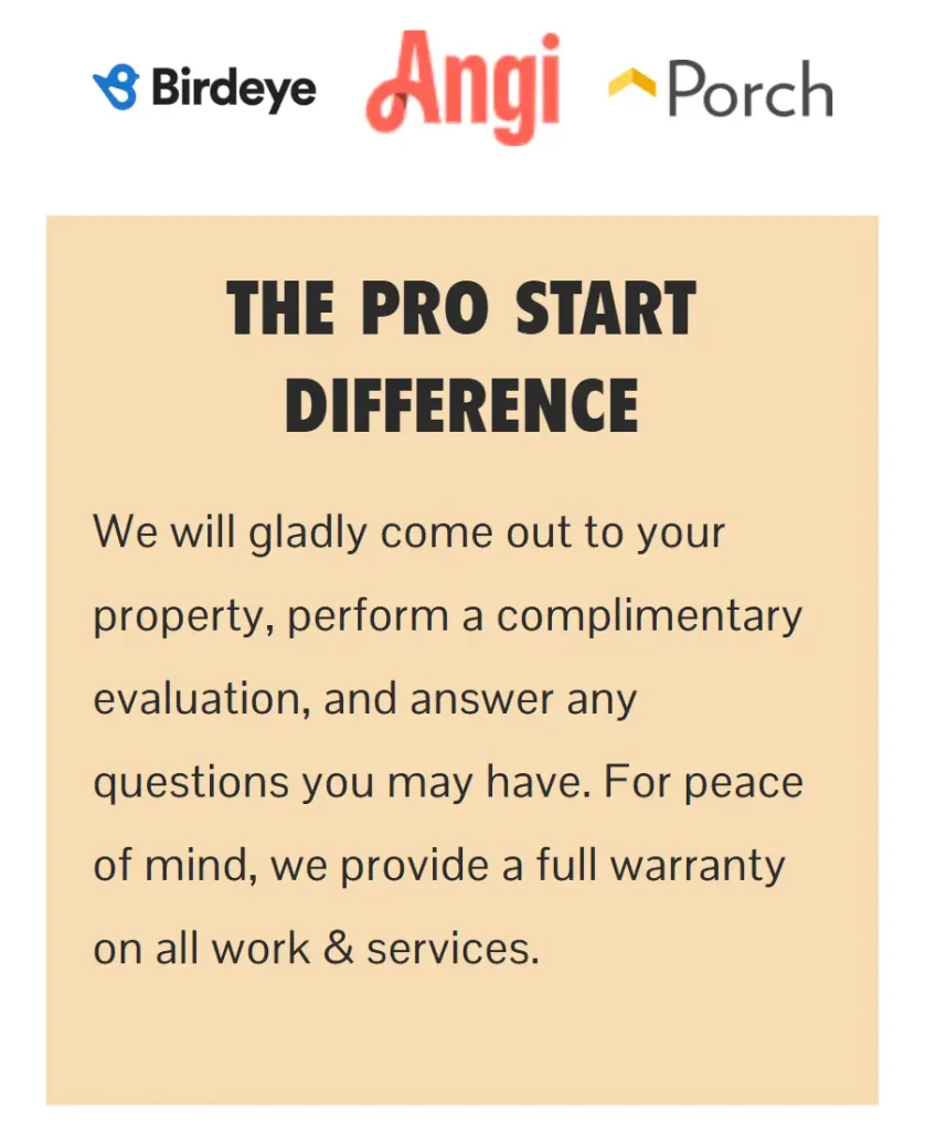 Pro Start Renovations Contact Us page featuring: "The Pro Start Difference" section on mobile UI.