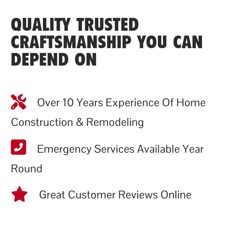 Web design layout showing business trust indicators with red icons and bold typography.