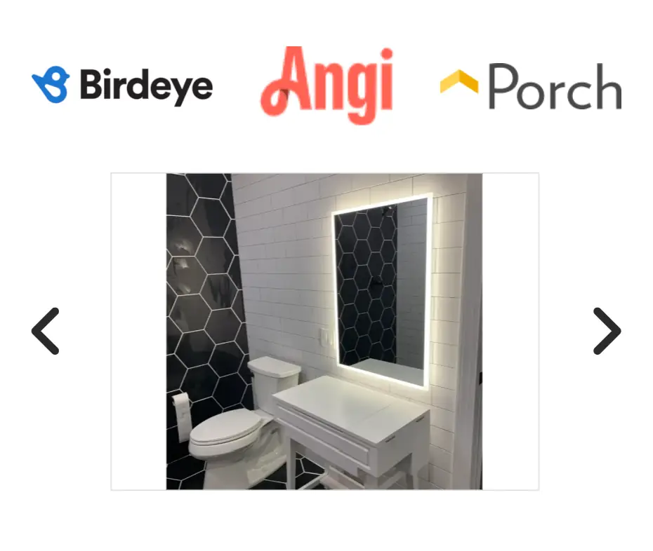 Mobile UI slider for Pro Start Renovations showing bathroom design, tile work, and business partner logos.