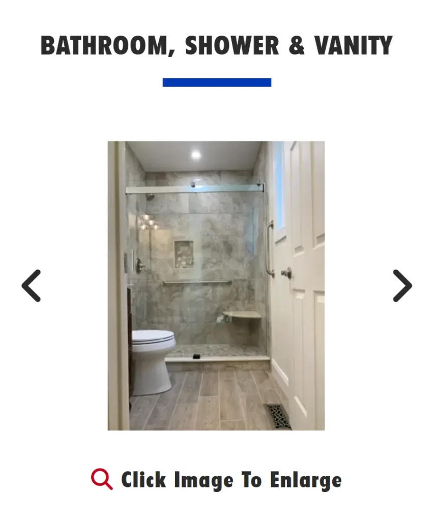 Bathroom renovation gallery slider featuring navigation arrows and a modern walk-in glass shower design.