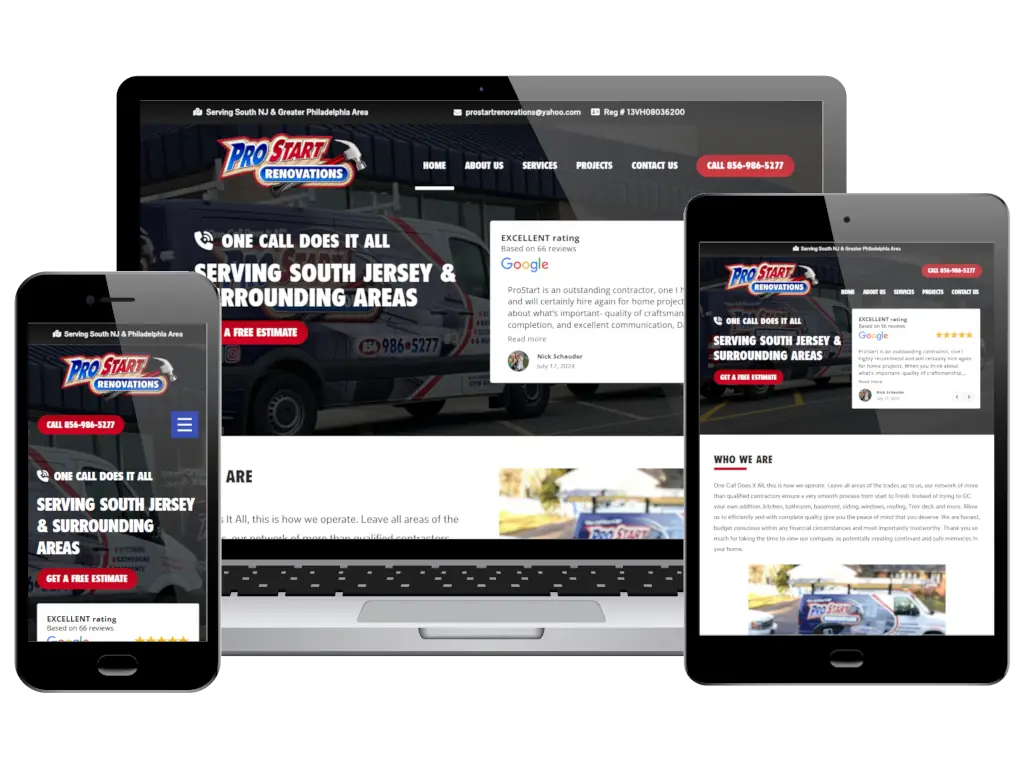 Responsive website design shown on a smartphone, laptop, and tablet featuring Pro Start Renovations